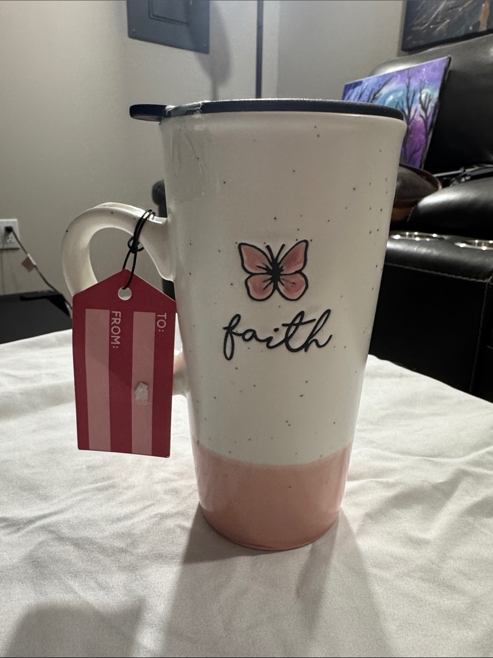 Faith Butterfly Ceramic Travel Mug - Pink and White